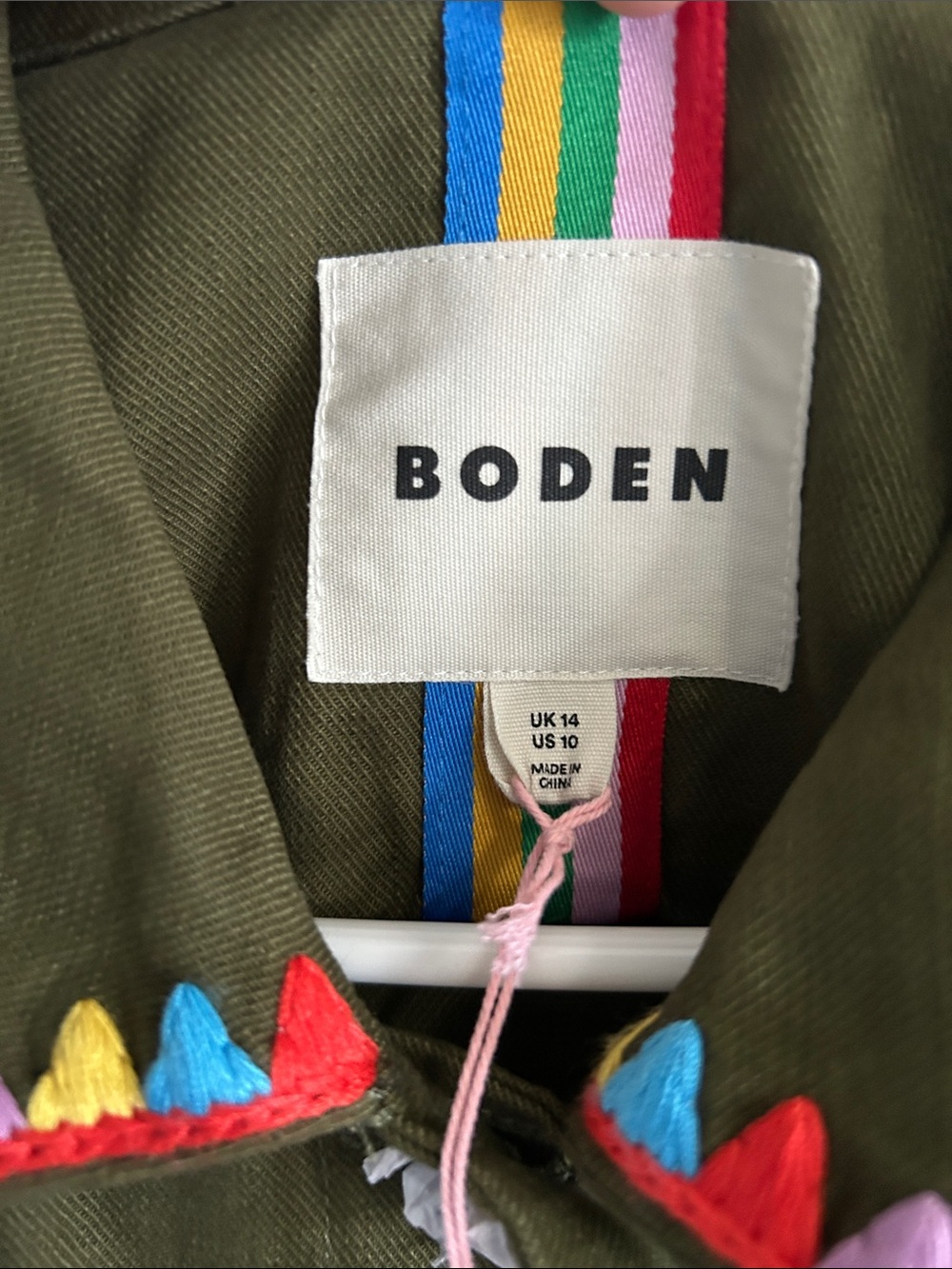 Boden Olive Green Utility Jacket with Colorful Embroidered Trim - Picture 9 of 9